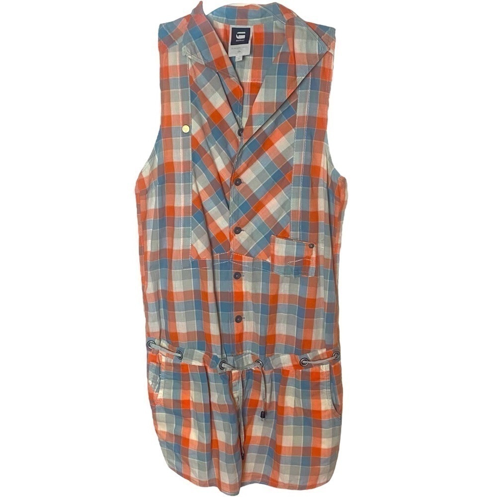 G-Star Raw Women Orange Blue Plaid Sleeveless Button Front Drawstring Romper S